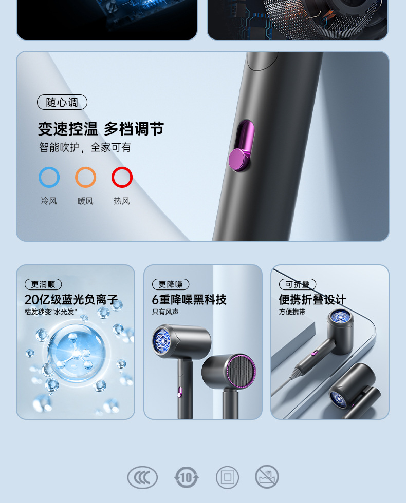 New folding household quick-drying electric hair dryer, portable hotel blue light T-shaped student dormitory hammer hair dryer pic 5