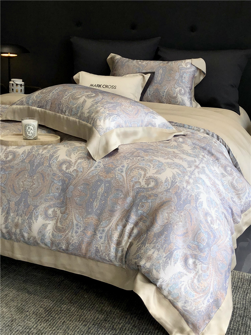 Cool ultra-fine denier Tencel summer light and cool condensation filament four-piece set, elegant printed sweat-absorbing nude bedding pic 25