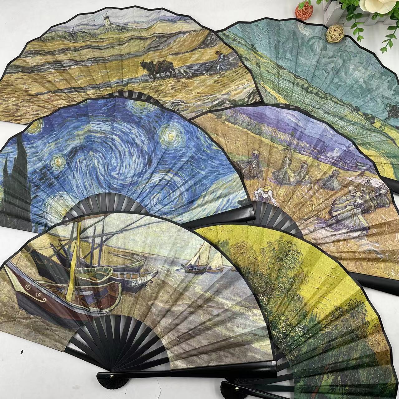 New oil painting series festival folding fans, popular hand fans in Europe and America, large fans, double-sided landscape printed fans pic 1