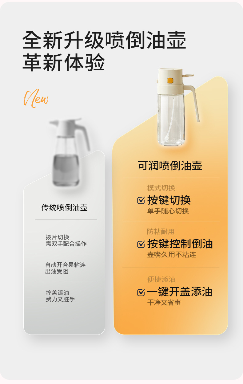 Integrated spray and pour oil bottle, no oil sticking, kitchen glass spray oil bottle, atomization oil control bottle, food-grade dual-purpose spray and pour oil bottle pic 3