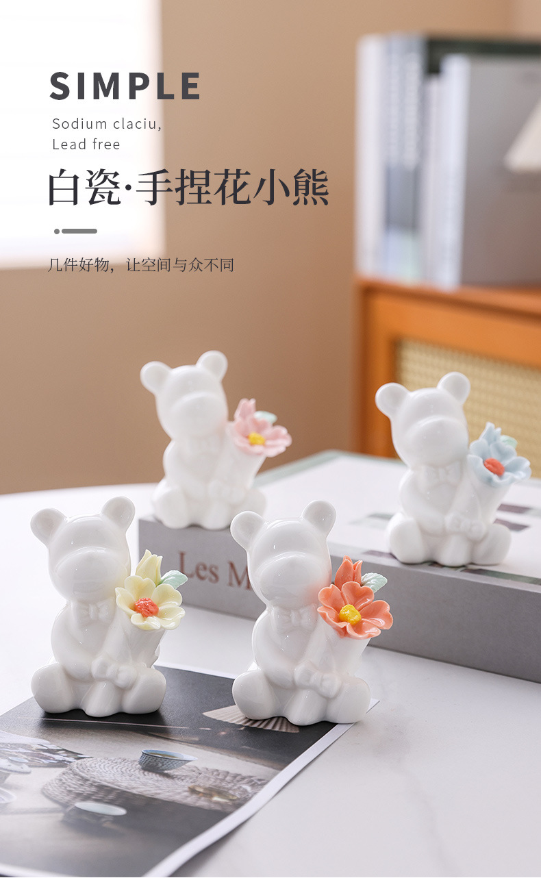 2026 Chinese-style creative ceramic ornaments, hand-molded mini cartoon bear, white high-end home decoration handicrafts pic 1