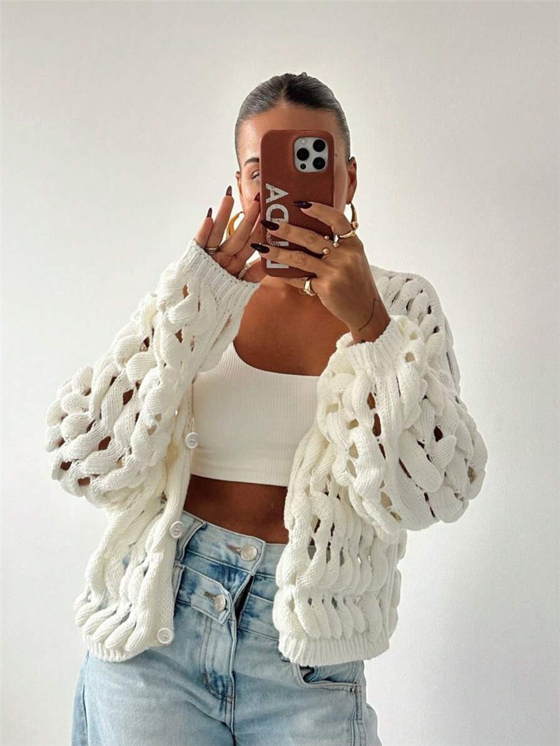This cross-border Amazon knitted coat from Europe and America is a casual, hollowed-out button solid-color long-sleeved sweater with a strong sense of design pic 4