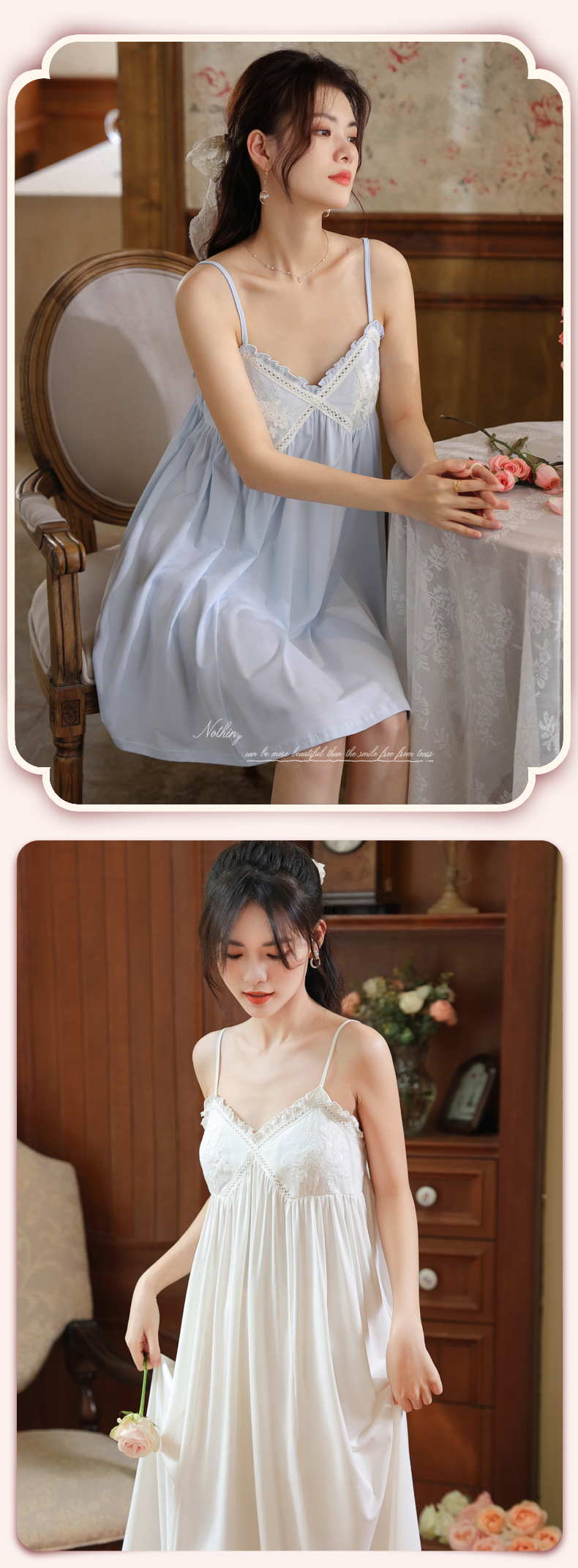 吊带睡裙女夏宫廷风性感蕾丝纯欲长款睡衣裙带胸垫可外穿家居服棉详情20