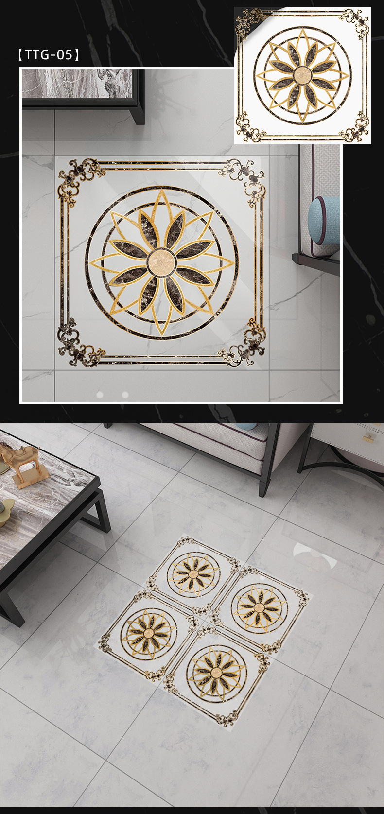 Gilded Mosaic tile stickers, living room floor, entrance hall, corridor decoration floor tiles, self-adhesive waterproof and wear-resistant floor stickers pic 13