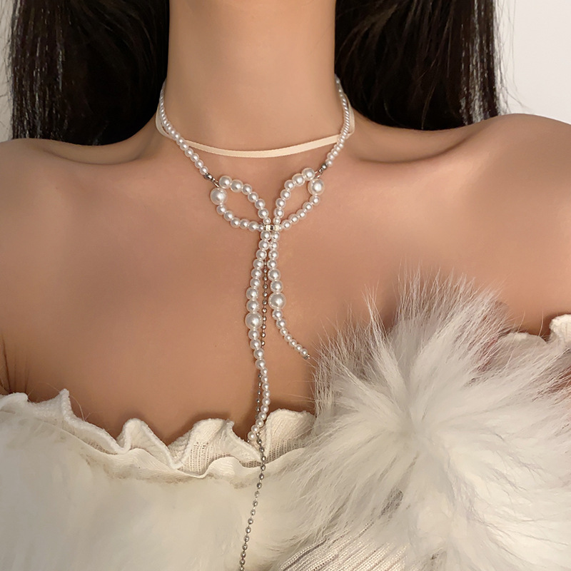 超仙珍珠蝴蝶结流苏双层项链气质高级感锁骨链时尚小众新娘饰品女详情6