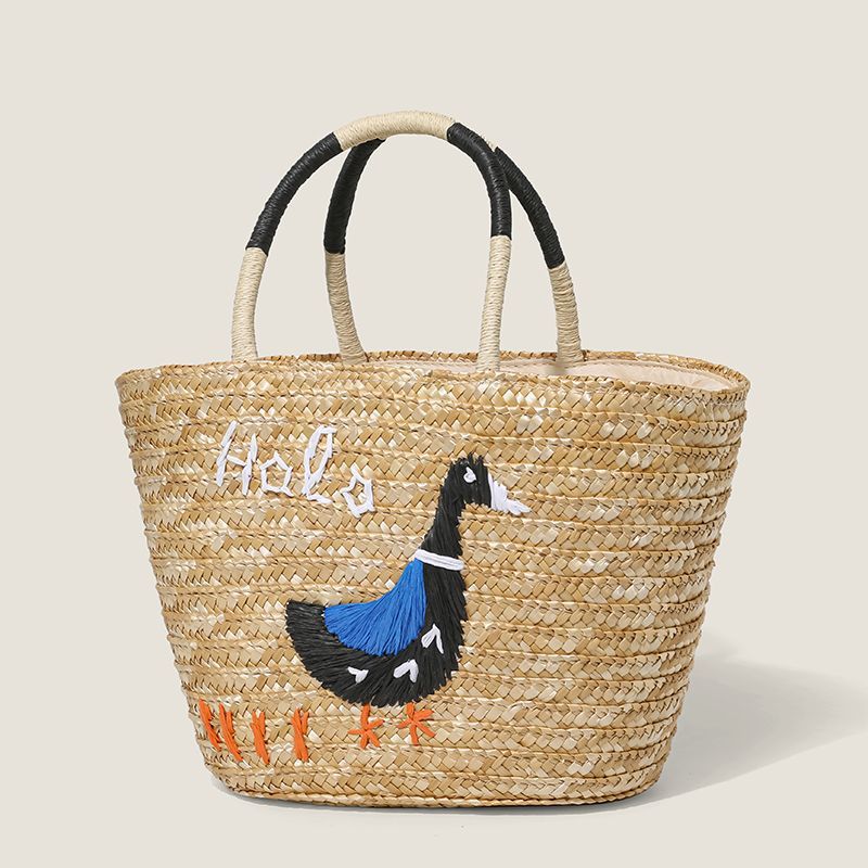 手工鸭刺绣国潮草编包包夏天女士沙滩包时尚法式菜篮包复古编织包详情4
