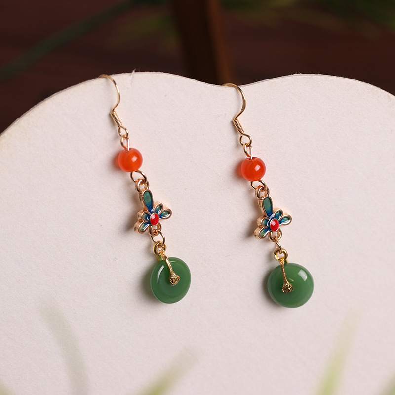 New Chinese-style national trend retro jewelry enamel niche 925 ear needle magnolia flower imitation Hetian jade ancient-style earrings pic 7