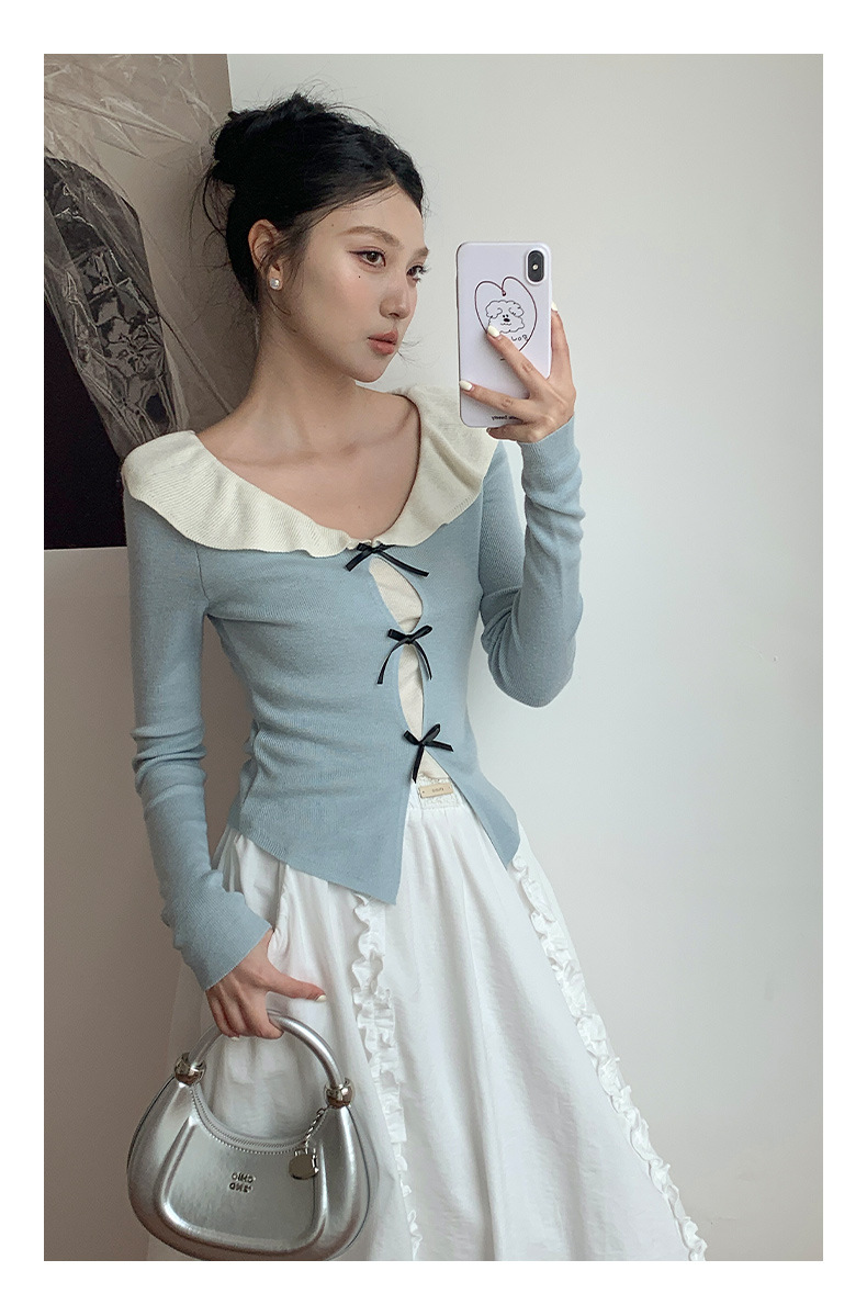 衣尔衫 设计感 假两件娃娃领蝴蝶结针织衫女短款温柔修身气质0337详情39