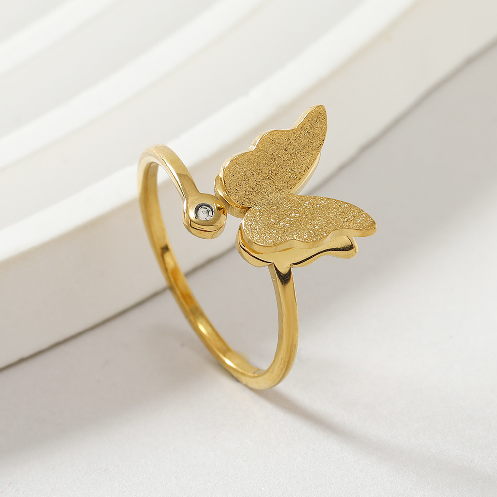 跨境新款 高级感钛钢戒指 女 小众磨砂蝴蝶开口镶钻钛钢饰品批发详情4