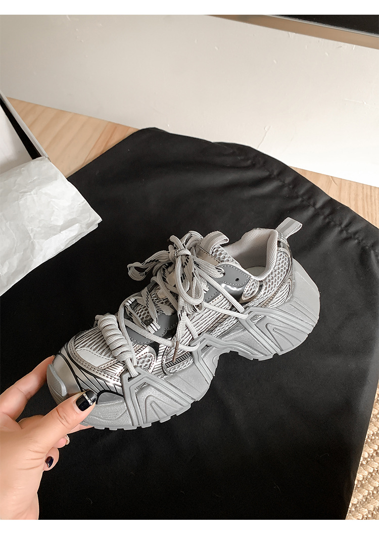 葡萄妈同款 画报女孩 时髦双鞋带网面拼接厚底增高老爹鞋女真皮详情69