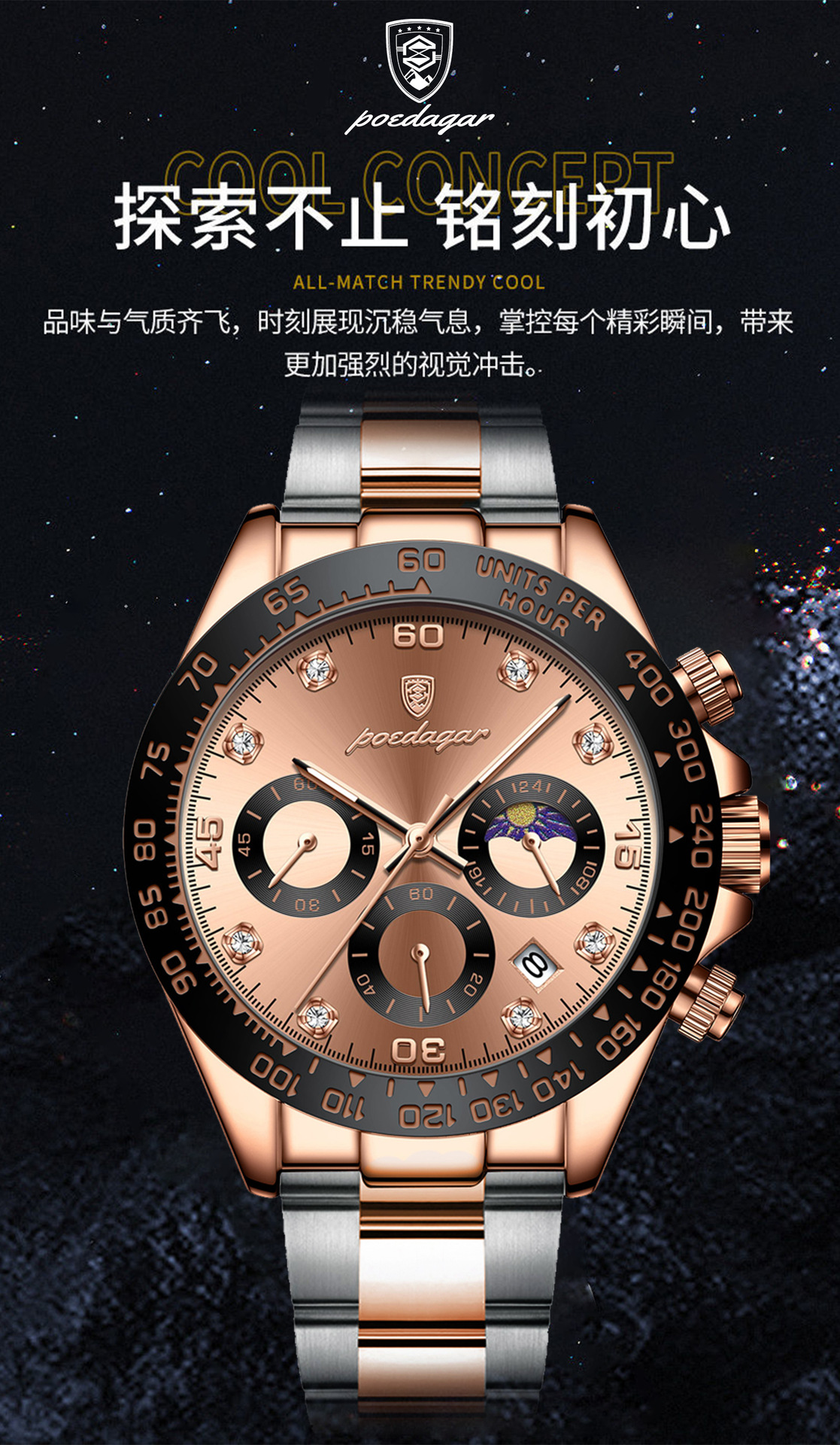 瑞士品牌防水男士手表多功能时尚钢带石英表直播外贸爆款一件代发详情2