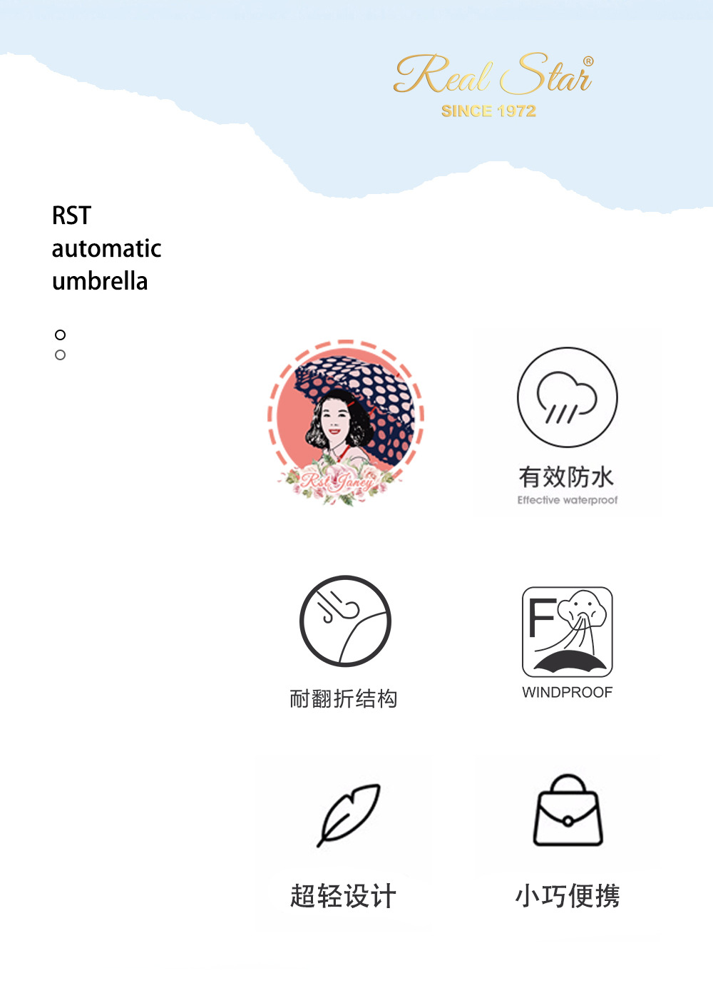 RST五折雨伞简约素色全纤维铝中棒便携五折口袋晴雨伞外贸货详情3