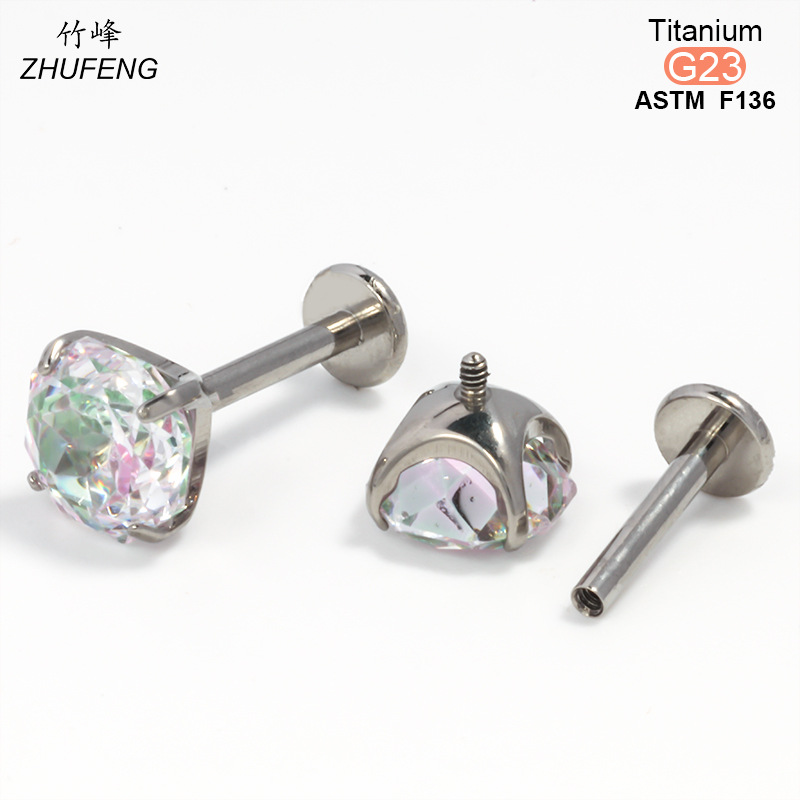F136钛合金耳钉螺旋内牙四爪镶锆石爆闪高级感耳骨钉耳饰详情3