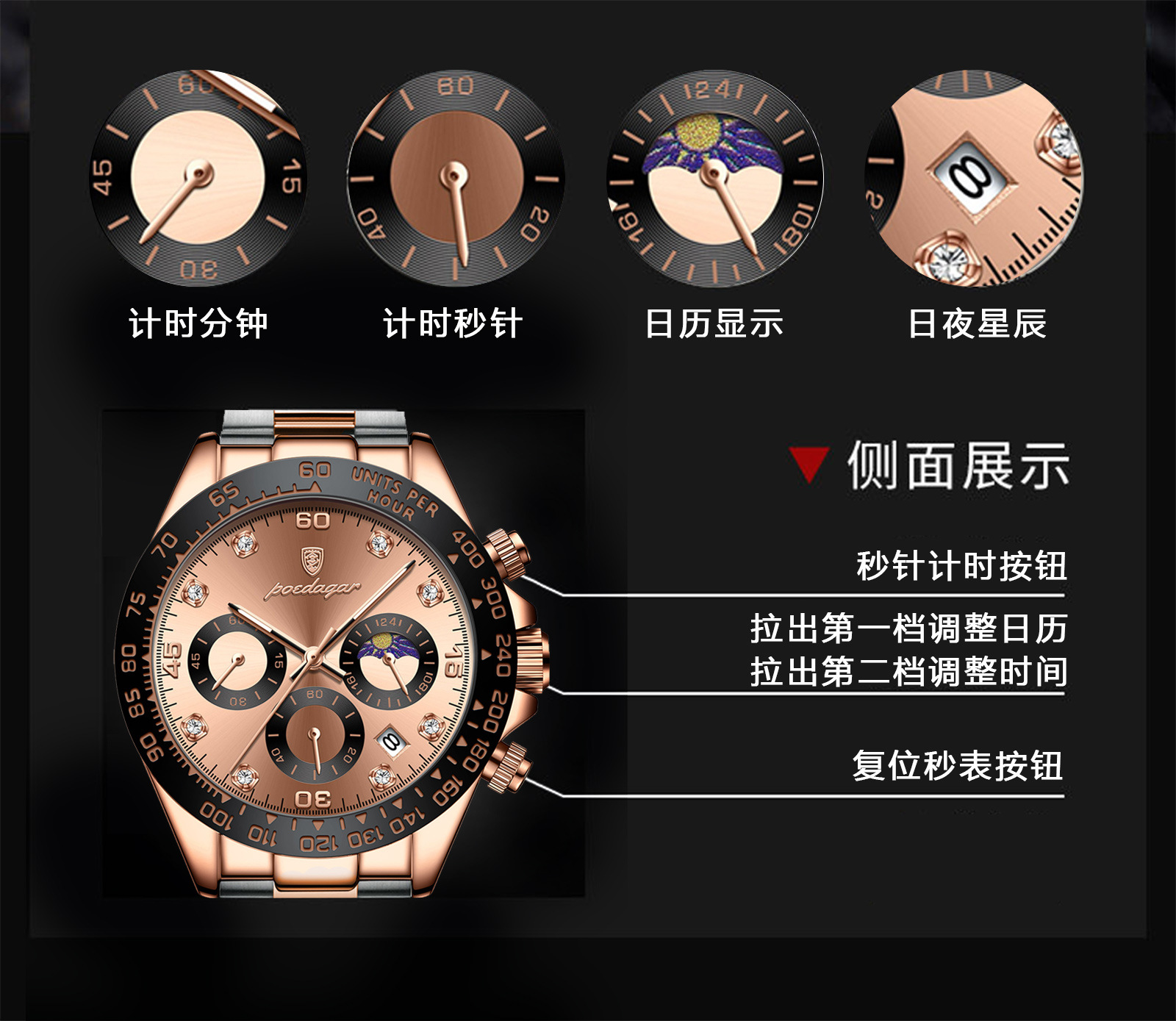 瑞士品牌防水男士手表多功能时尚钢带石英表直播外贸爆款一件代发详情7