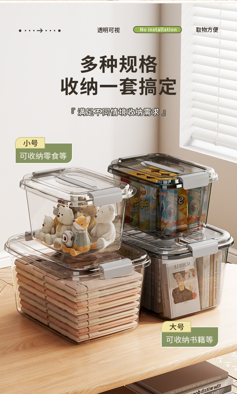 新款PET透明收纳箱带盖装衣服防潮密封储物箱子零食盒玩具整理筐详情6