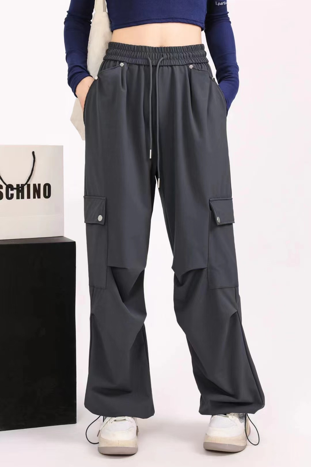 Workwear sweatpants for women, multi-pocket straight bucket tapered long pants for women, casual pants, simple elastic high-waisted tapered pants pic 4