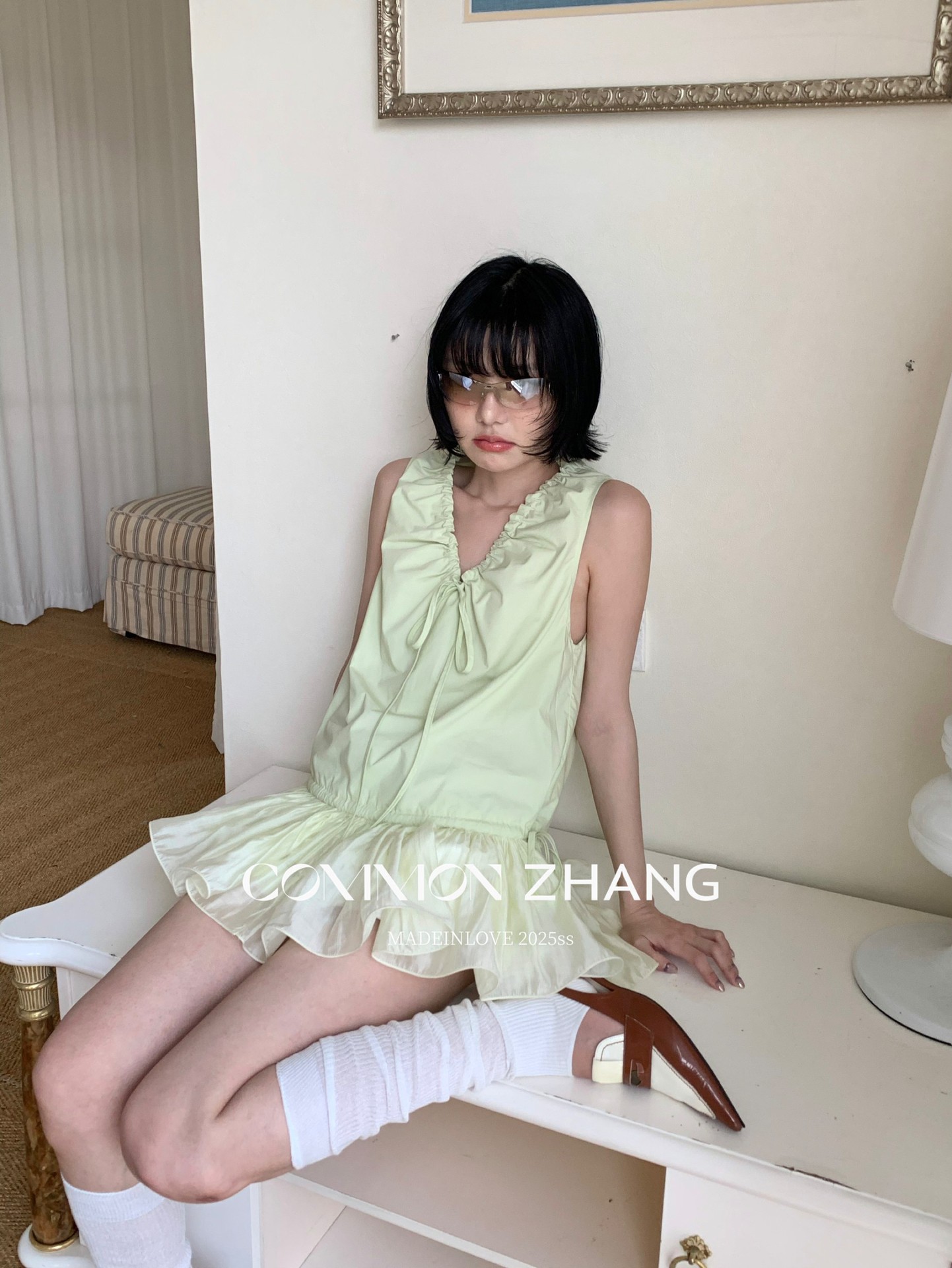 CZ ZHANG Summer French mint Manbo V-neck lace-up Youthful A-line puffed vest dress for women, B23782 pic 15