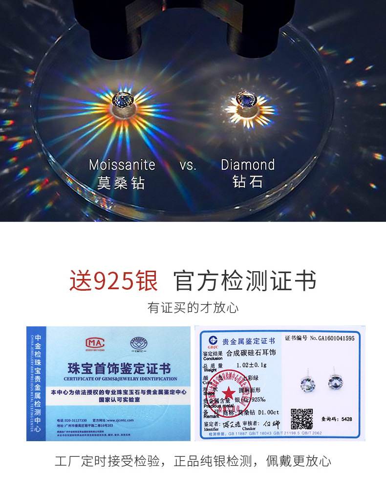 Zhuoheng Select 925 all-silver one-carat four-prong Moissan stud earrings, a high-end autumn and winter collection with a simple and versatile style pic 16
