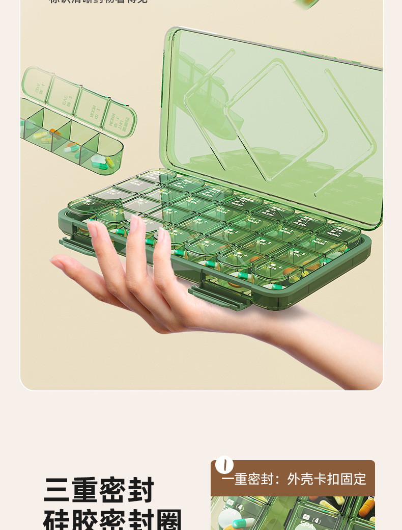 老年人大字版药盒一周七天便携式分药器分格收纳防潮塑料三餐分装详情11