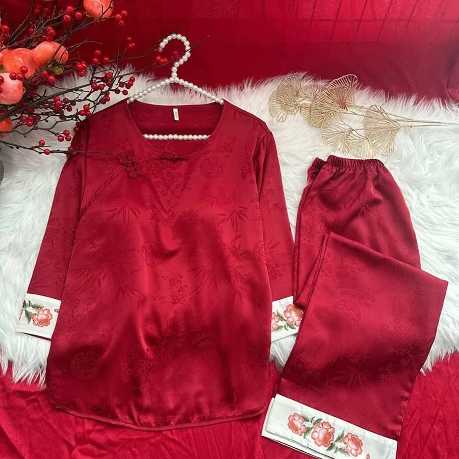 National Trend [Chest Cushion Style] Pajama story Chinese ice Silk Home Wear Long-sleeved Chinese style retro Mom Dress pic 6