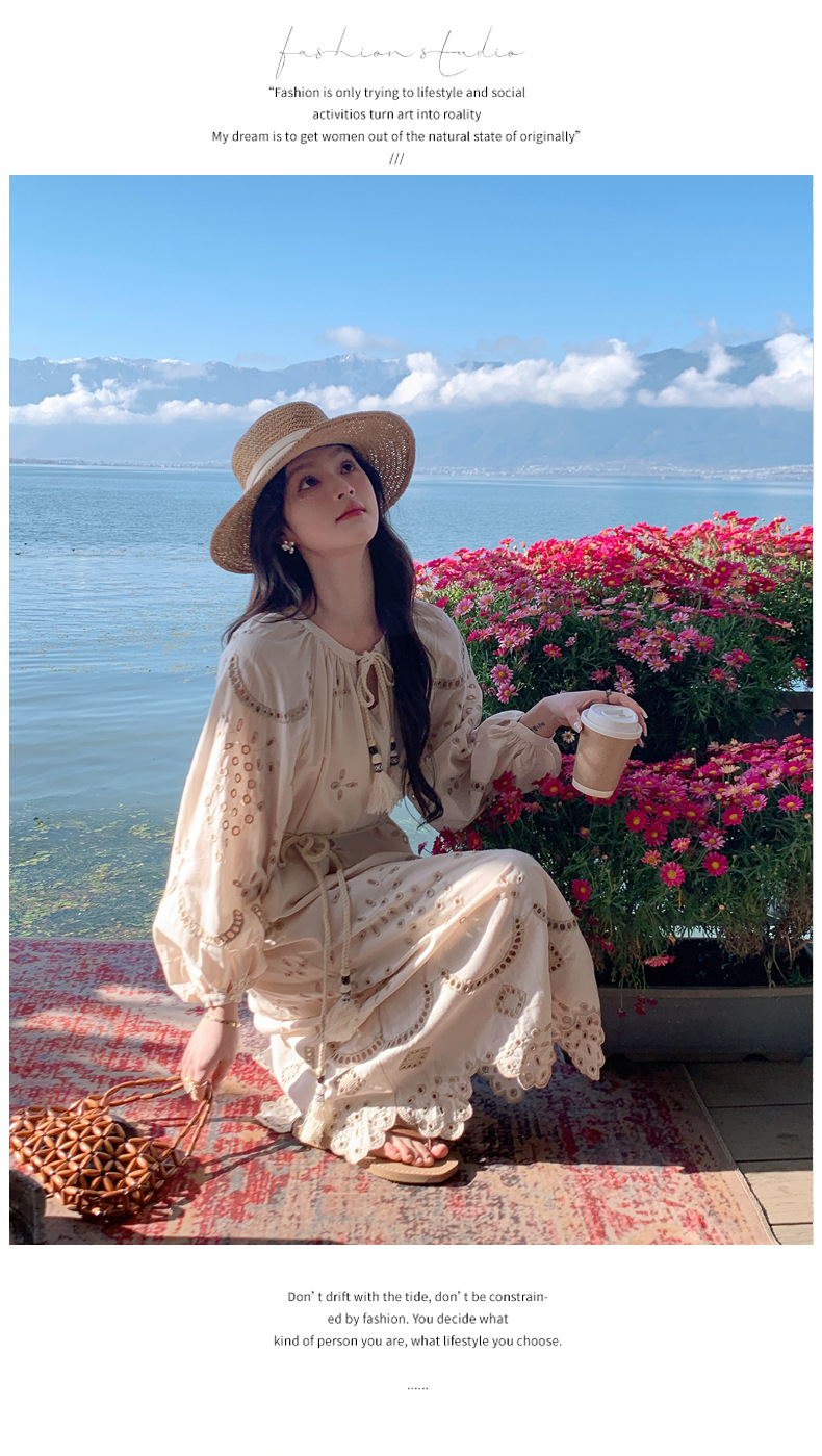 Real photo of a retro, gentle, cut-out embroidered V-neck apricot-colored dress, 2025 new seaside vacation style long-sleeved umbrella dress pic 43