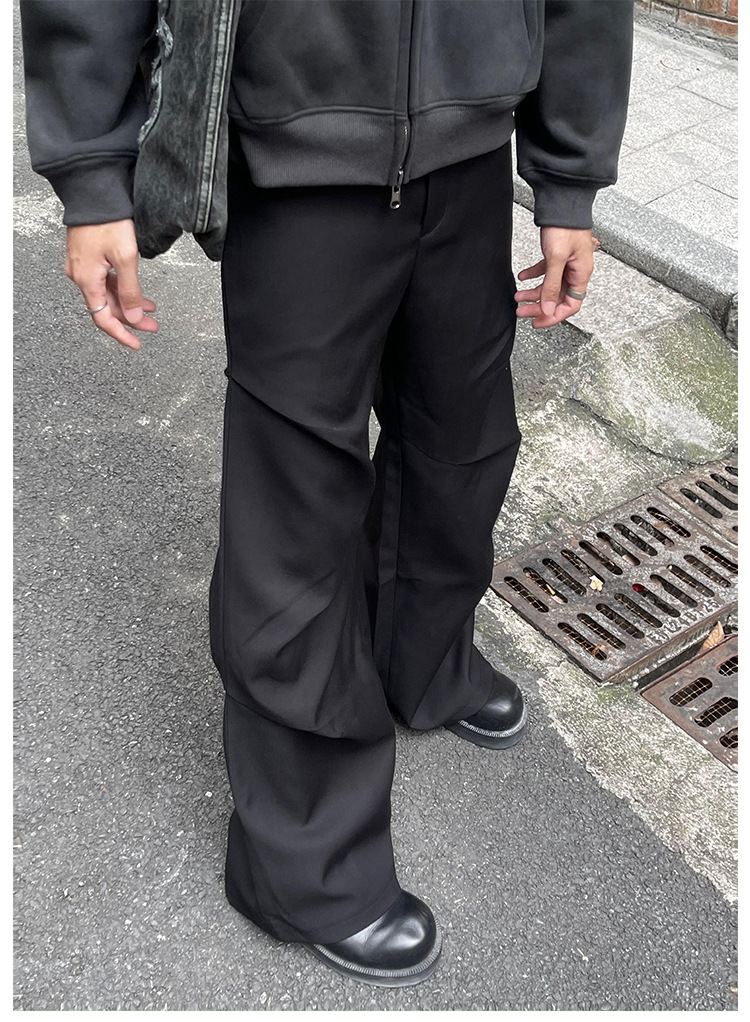 2023 new style cleanfit dress pants with a niche design, pleated, loose, casual, wide-leg, slightly flared floor-length pants for men pic 13