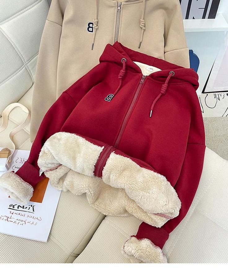 加绒加厚连帽羊羔绒卫衣女秋冬新款女士宽松保暖长袖开衫拉链外套详情13