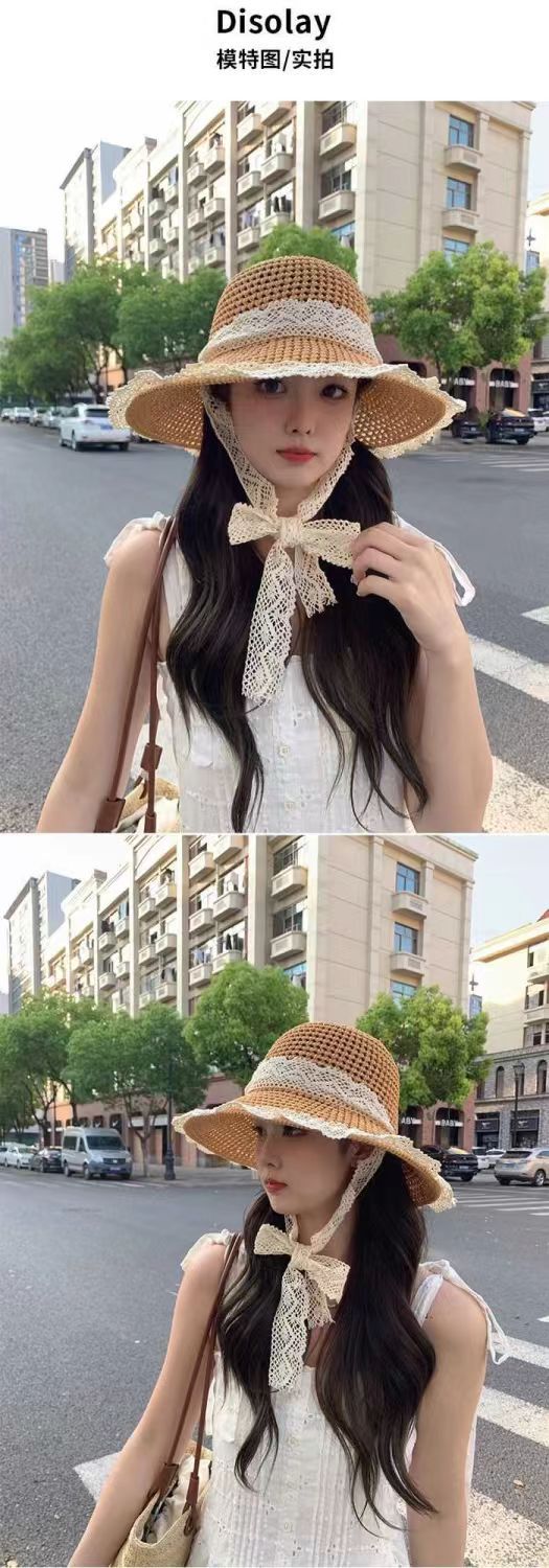拉菲草编织草帽蕾丝花边小麦秸秆老式编筐帽子详情7