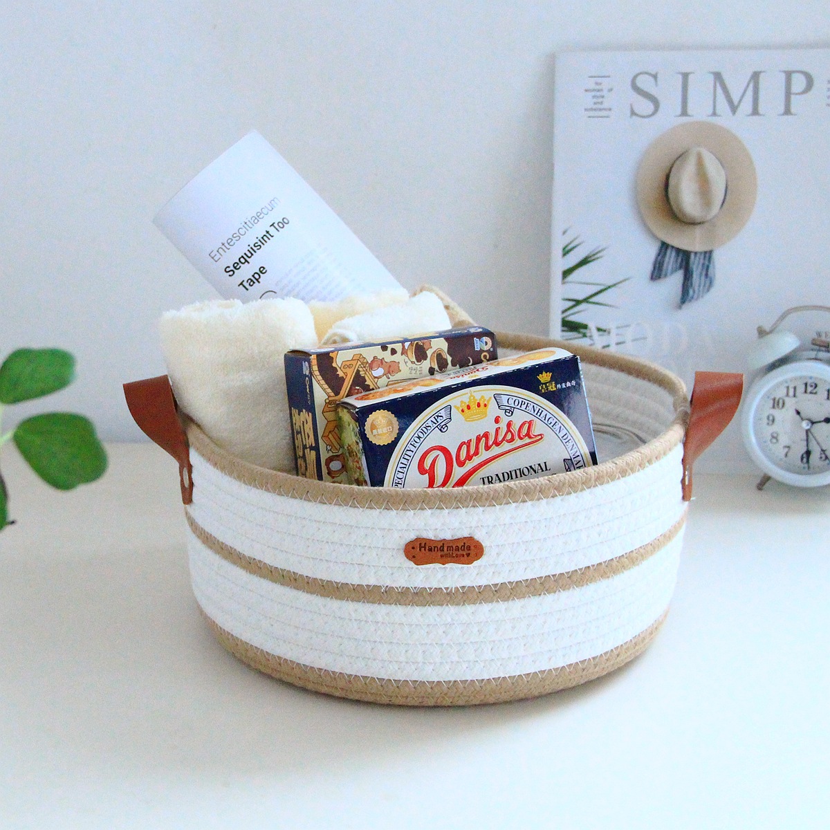 Round cotton rope woven storage basket with leather handle, InS-style desktop storage basket, cosmetics and toys storage box, Nordic style pic 19