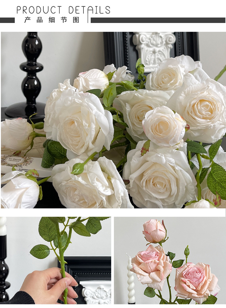 法式复古油画焦边玫瑰高级仿真手捧花束多头假花婚礼拍摄仿生干花详情9