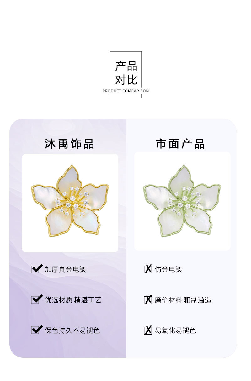 优雅绽放天然贝壳花朵胸针女时尚高级感微镶锆石精致别针轻奢胸花详情13