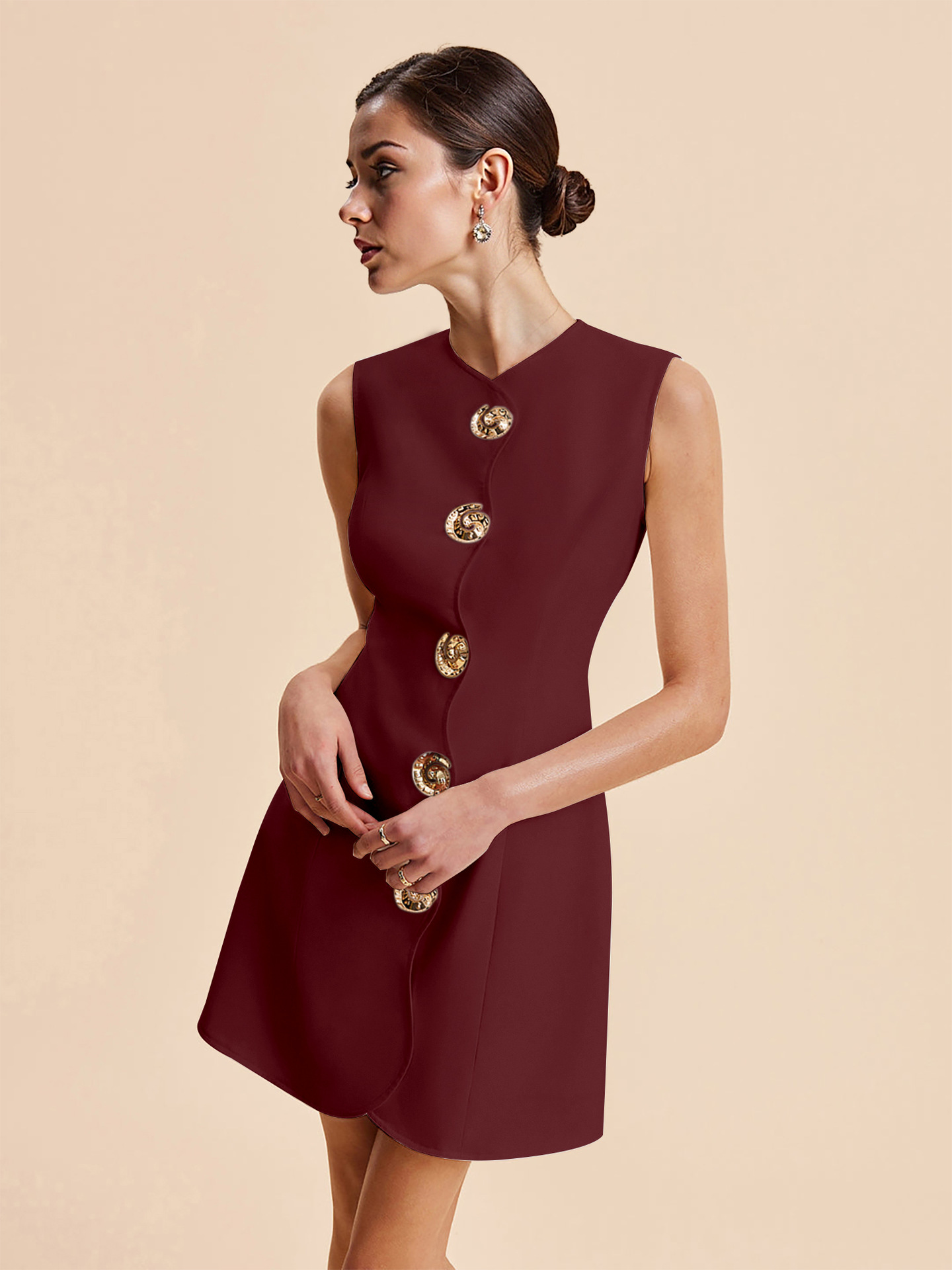 夏欧美外贸跨境女装亚马逊精品爆款无袖圆领系扣纯色短款连衣裙详情17