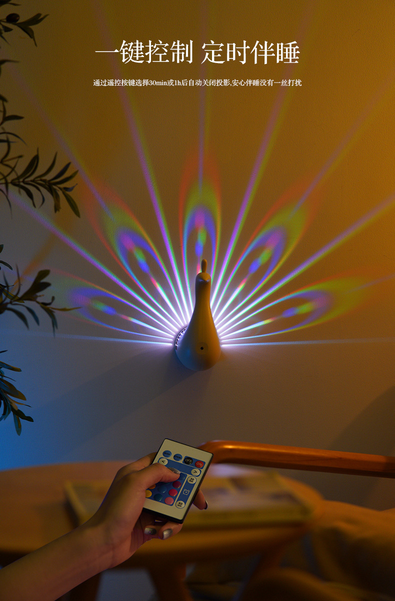 Household daily necessities, remote-controlled wall-mounted bedside creative night lights, ambient lights, peacock seven-color birthday gifts, projection lights pic 6