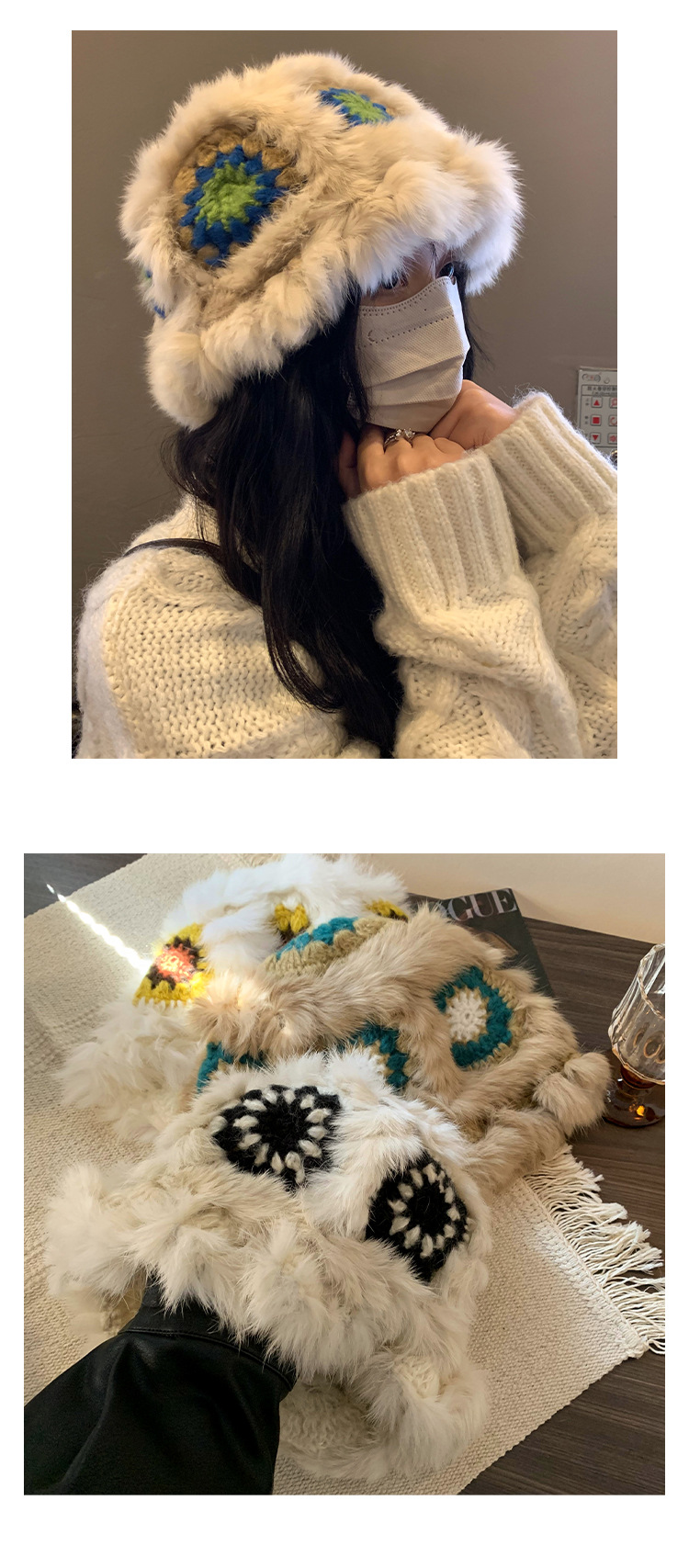 毛绒渔夫帽女冬季兔毛针织毛毛帽子显脸小保暖醒狮帽大头围毛线帽详情10