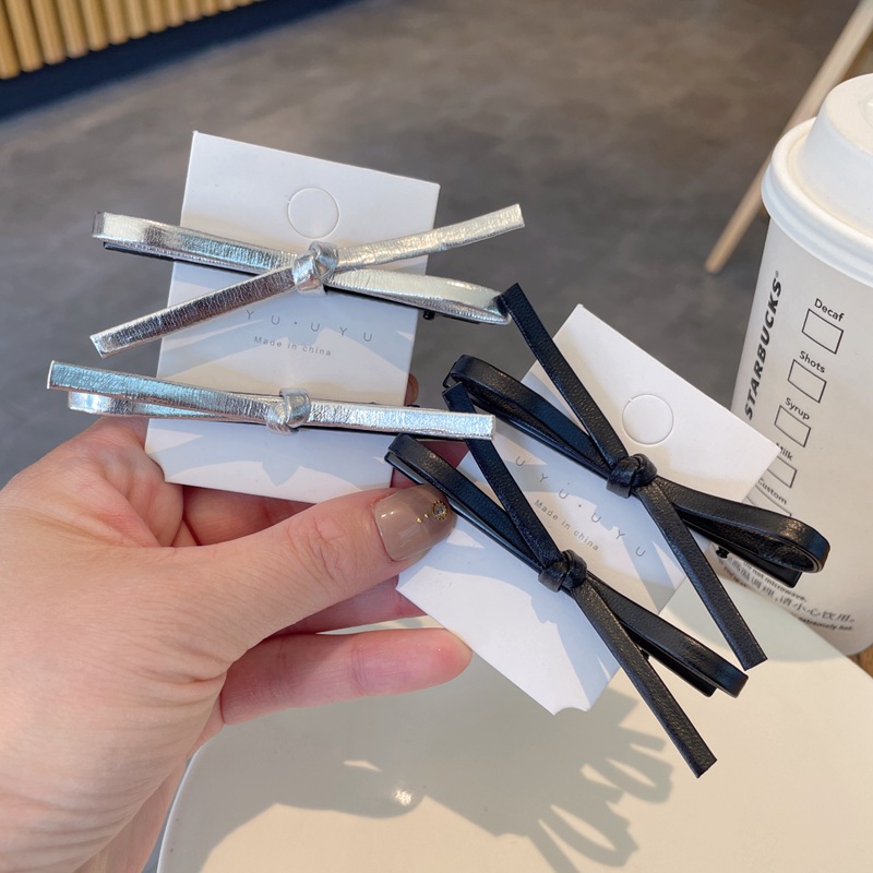 Leather bow hair clips for women, simple ins, black, sweet and cool side clips, bangs clips, side clips, hair accessories and headwear pic 4