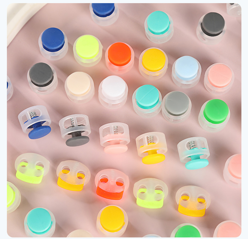 Colored plastic single-hole adjustable button clock cap, double-hole circular string button material, spring buckle, adjustable buckle, anti-slip pic 14