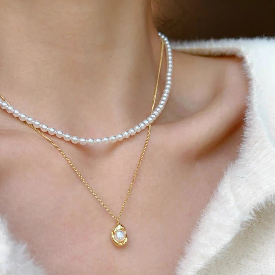 双层叠戴玻璃珍珠项链时尚气质网红豌豆淡水珍珠吊坠高级感链颈链详情8
