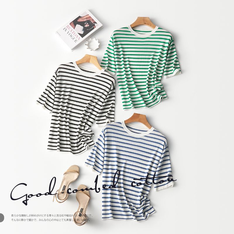 2025夏季新款时尚条纹显瘦简约圆领短袖t恤女百搭宽松套头上衣详情2