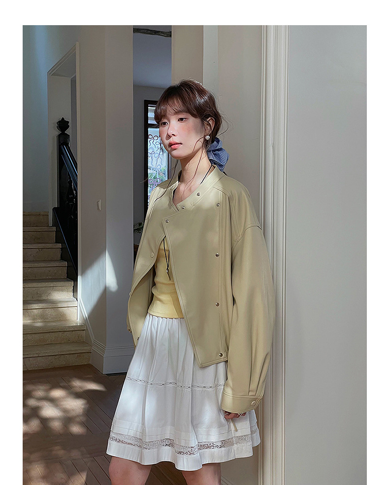 【歌铭】韩系通勤立领皮衣夹克女春季新款复古机车服短外套W733B详情44