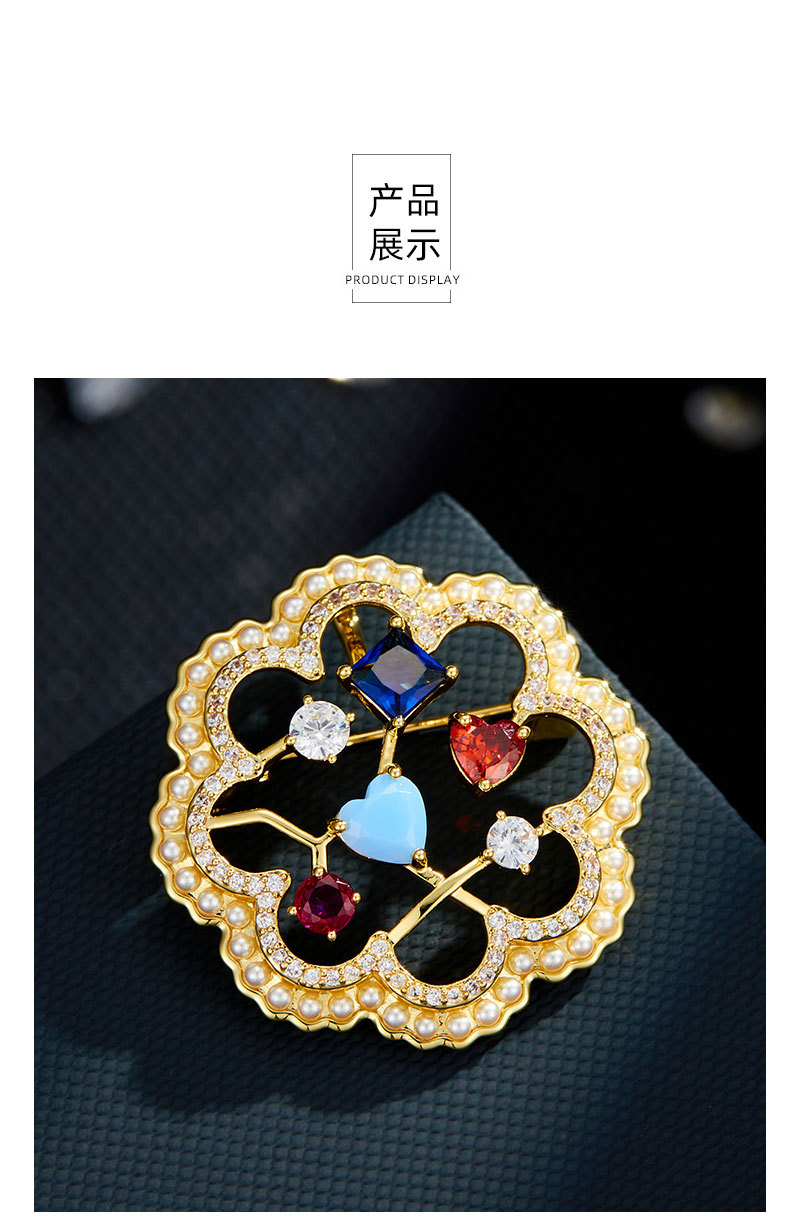 Sweet and exquisite colored gemstone hollowed-out flower brooch, copper alloy micro-inlaid zircon, light luxury and high-end dress brooch pic 17