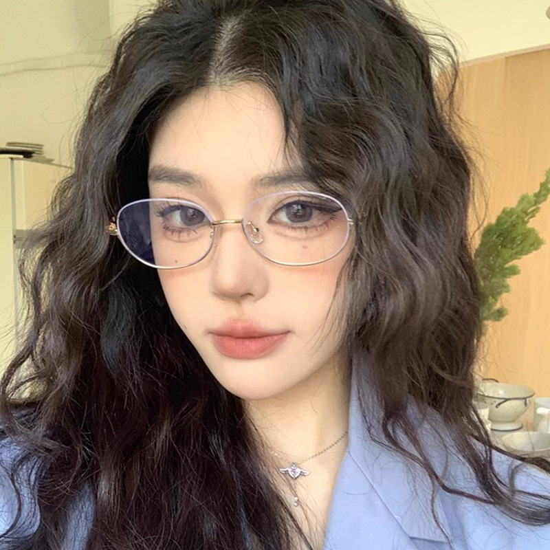 纯欲金丝下半框眼镜女近视可配度数素颜显瘦椭圆平光眼睛架韩版详情3