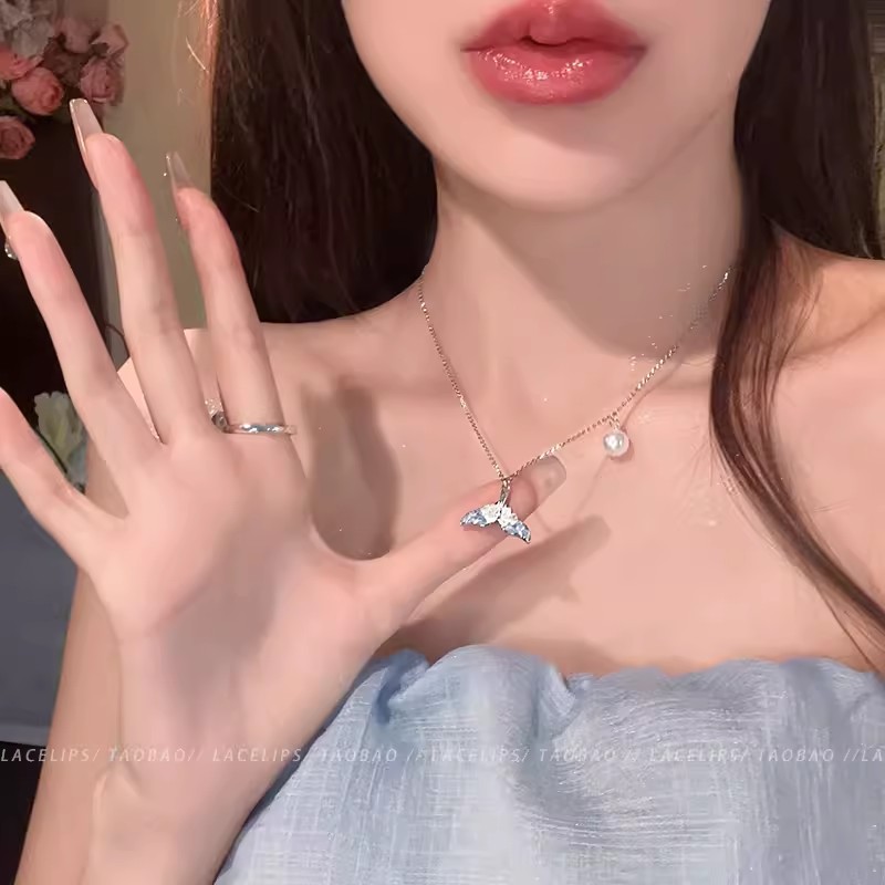 鲛人恋~轻奢小众蓝晶石鱼尾珍珠项链女2024新款高级感锁骨链配饰详情4