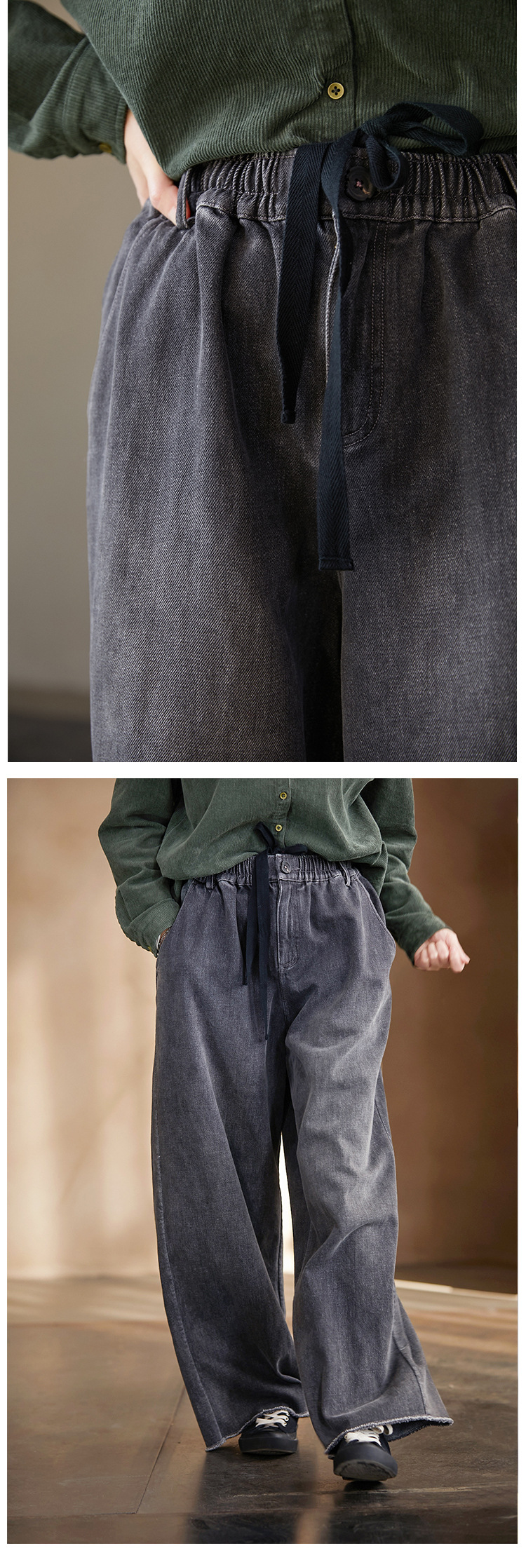 High-end, niche, artistic and retro, all-season wearable smoke grey retro tight-waisted wide-leg stray jeans for women pic 7