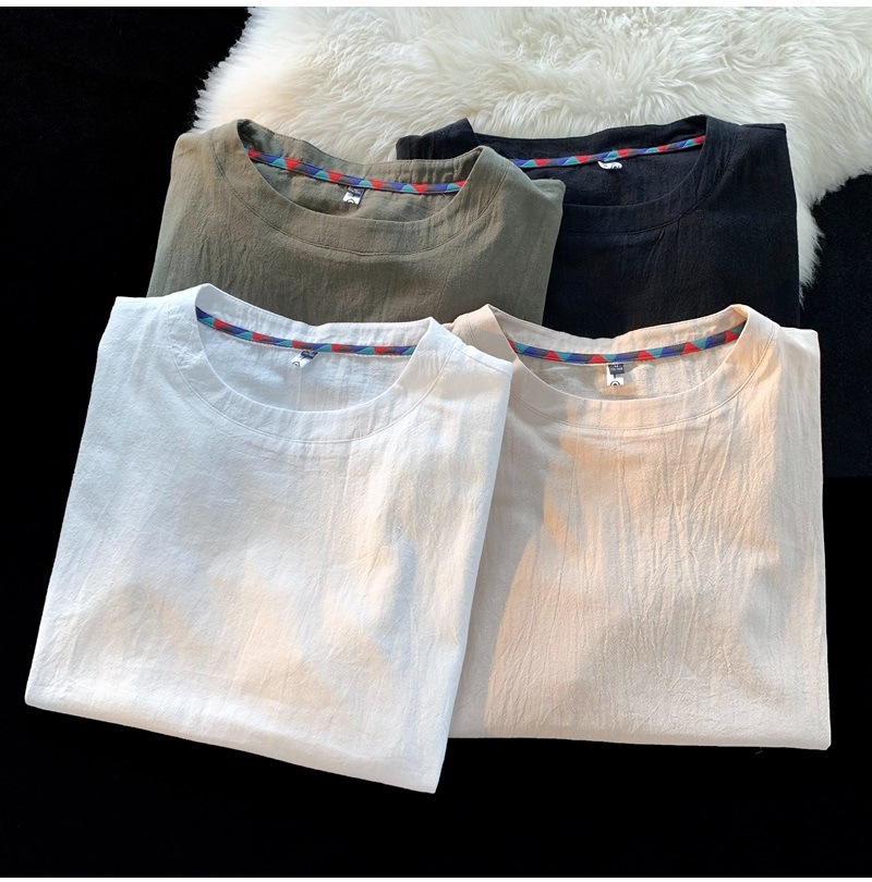 Linen short-sleeved T-shirt for men, a new summer trend. Cotton and linen half-sleeved loose solid color base layer, a trendy T-shirt top pic 14