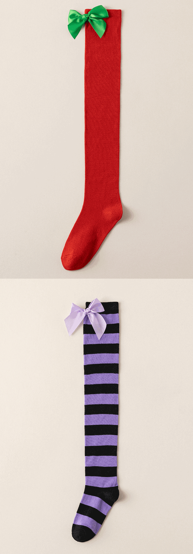 New European and American Halloween and Christmas knee-high socks, single-color striped thigh-high socks with bows, available in multiple colors pic 19