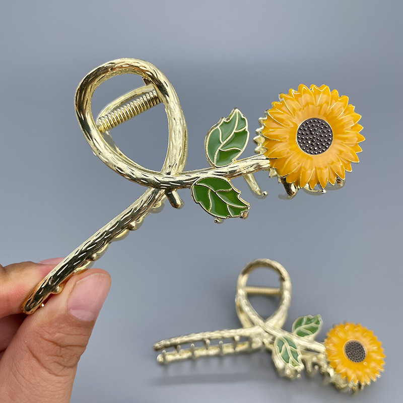 跨境新款滴油向日葵金属抓夹高级感花朵发夹后脑勺盘发鲨鱼夹发饰详情4