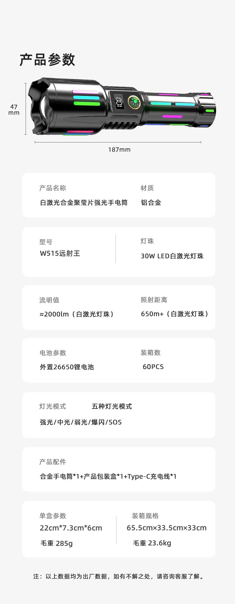 亚马逊30W LED白激光带彩色夜光荧光酷炫聚焦远射户外强光手电筒详情11