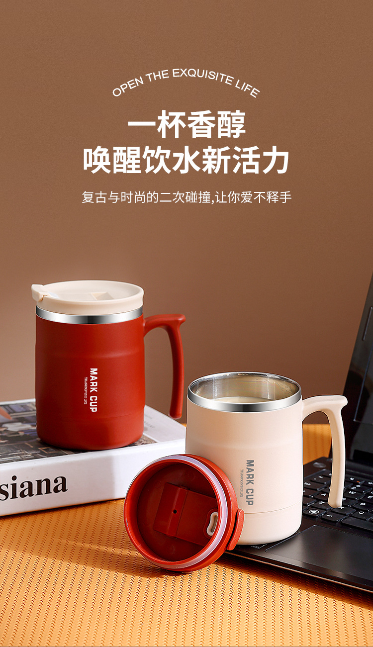 304 stainless steel mugs, portable coffee cups, thermos flasks, household red breakfast cups with spoon LIDS, office water cups pic 2
