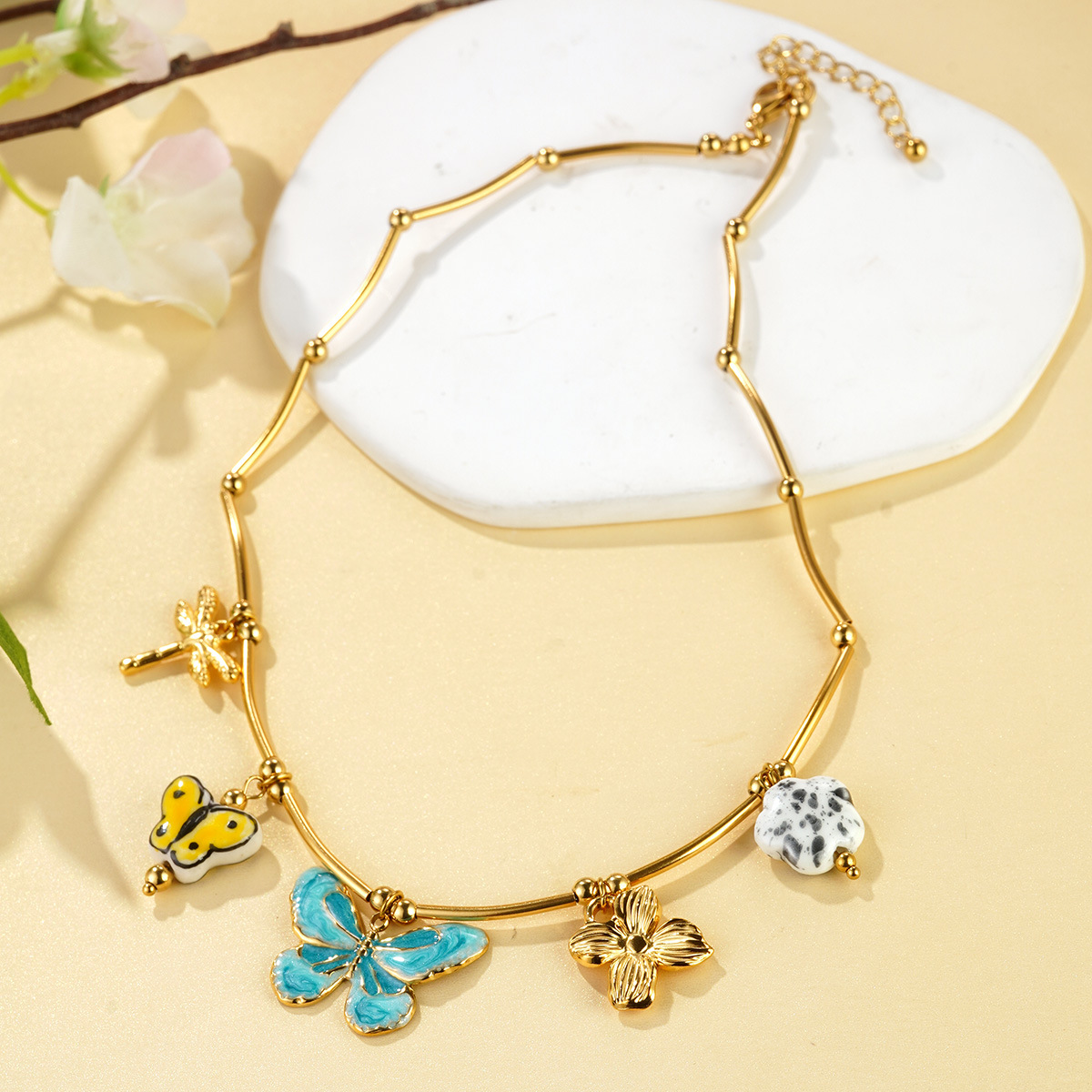 欧美不锈钢花朵蝴蝶手链时尚夏日海滩风贝壳海螺小众项链饰品批发详情22