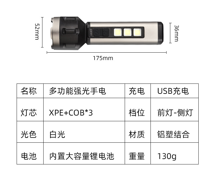 新款强光LED手电筒COB泛光工作灯USB充电户外便携家用应急探险详情19